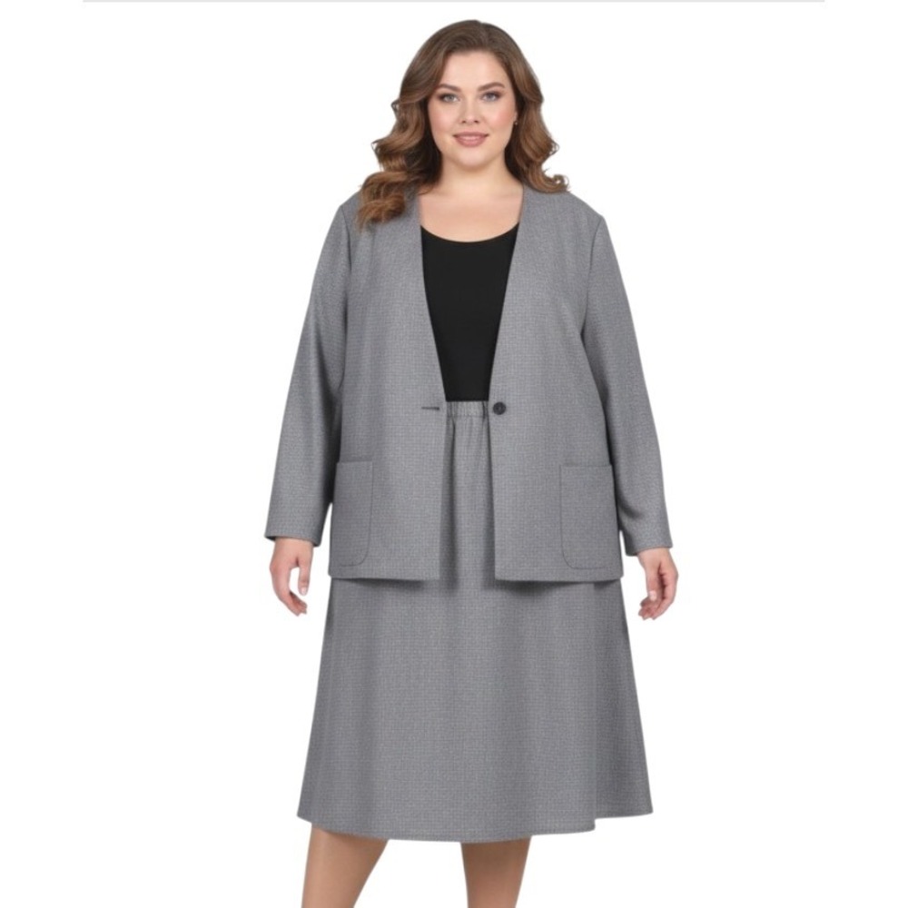 LESLIE FAY DRESS Gray/Black HOUNDSTOOTH Pockets JACKET/SKIRT SUIT Outfit/Set 24W